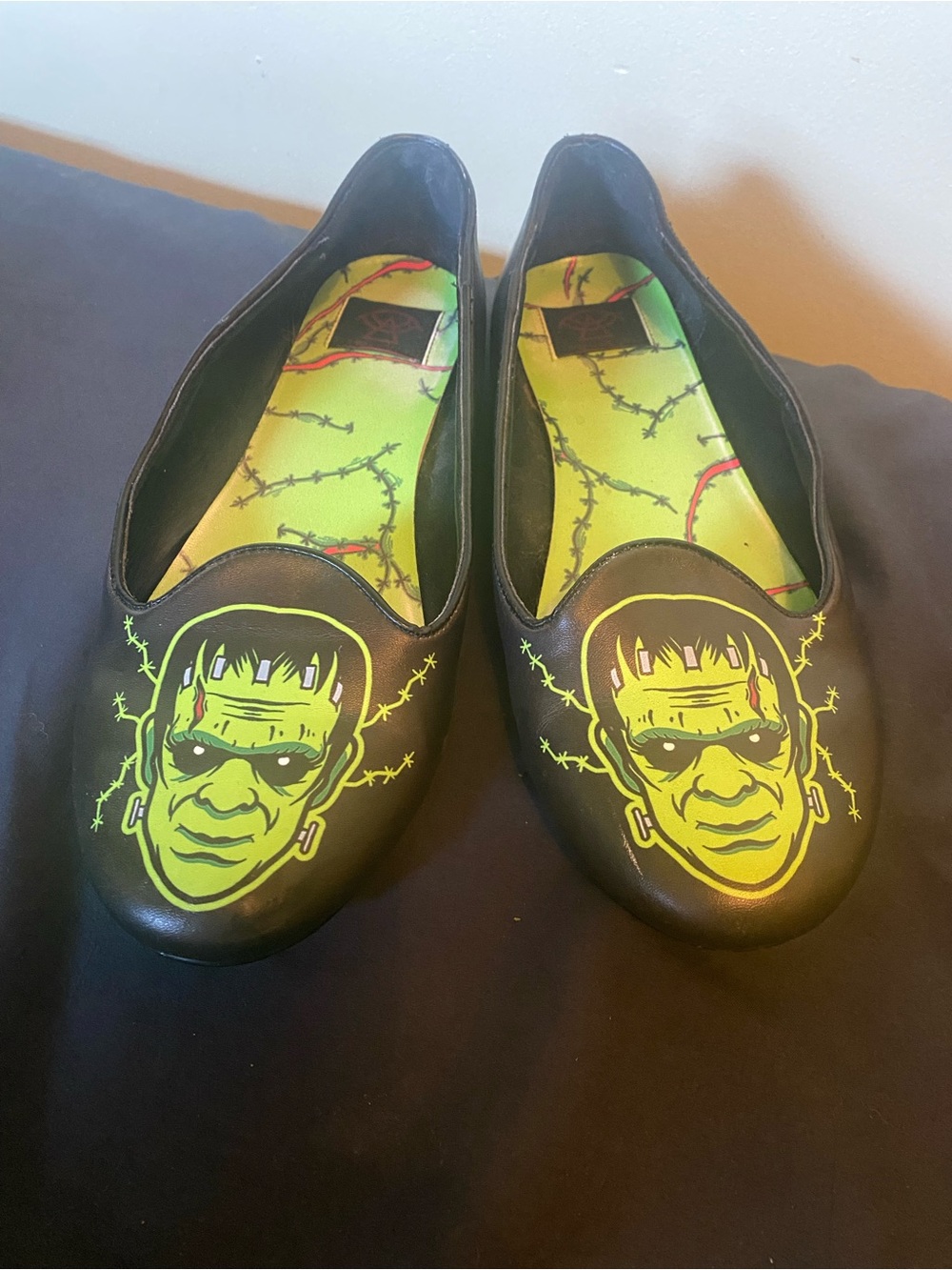 Black Slip-On Flats with Neon Green Frankenstein Graphic